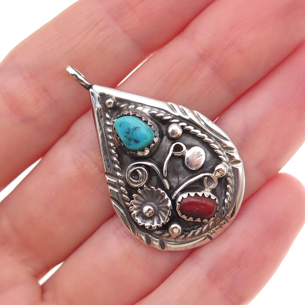 Old Pawn 925 Sterling Silver Vintage Turquoise & Coral Floral Teardrop Pendant